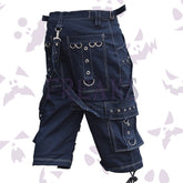 Men's punk industrial shorts: dark, with pyramid studs, detachable straps, and metal rings
